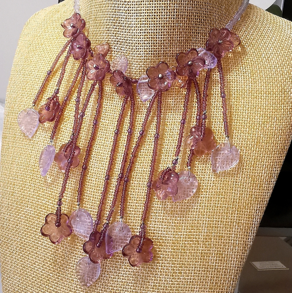 NWT purple lavender flower fringe choker necklace Czech bead - Picture 7 of 9
